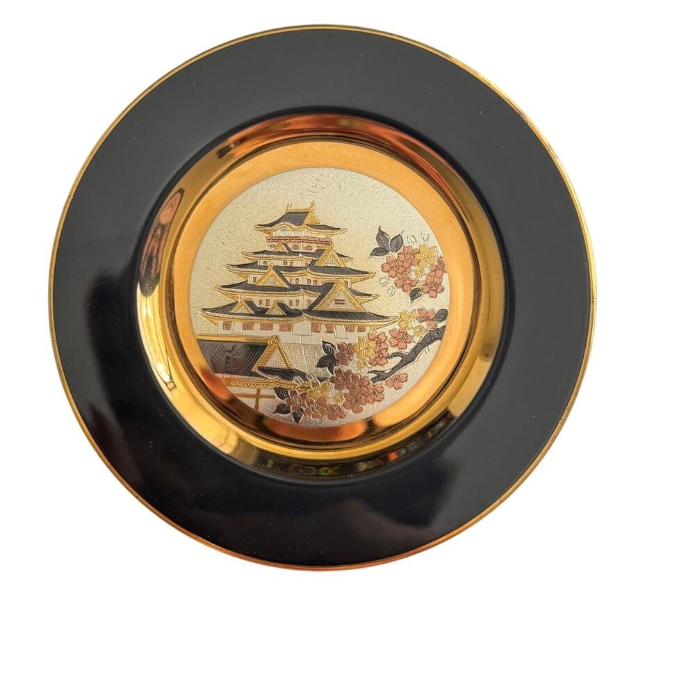 The Art Of Chokin Made In Japan‎ Japenese Temple Cherry Blossoms Black Gold Tone